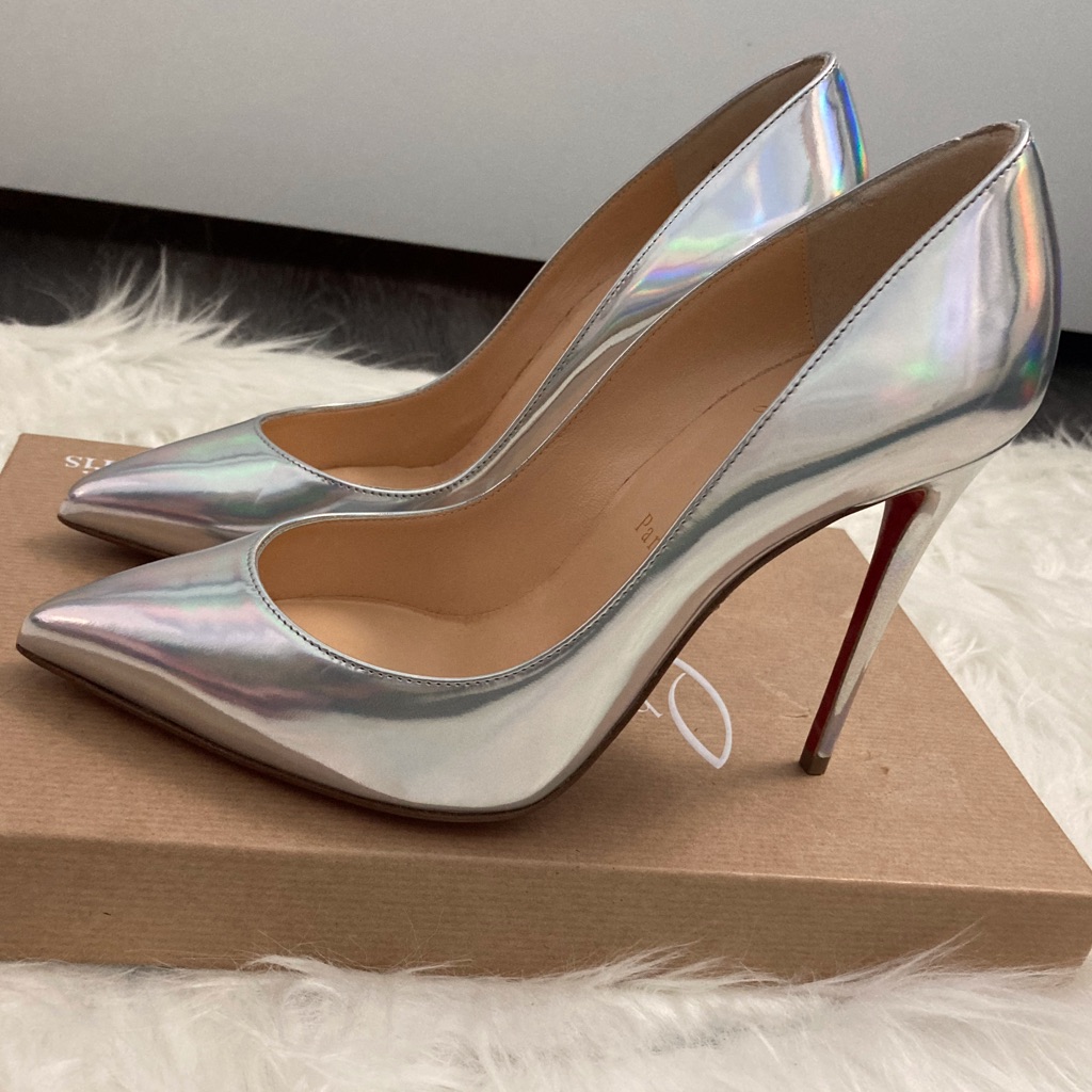 Christian Louboutin Iridescent Silver Patent Pigalle 100 Pumps With Red Soles